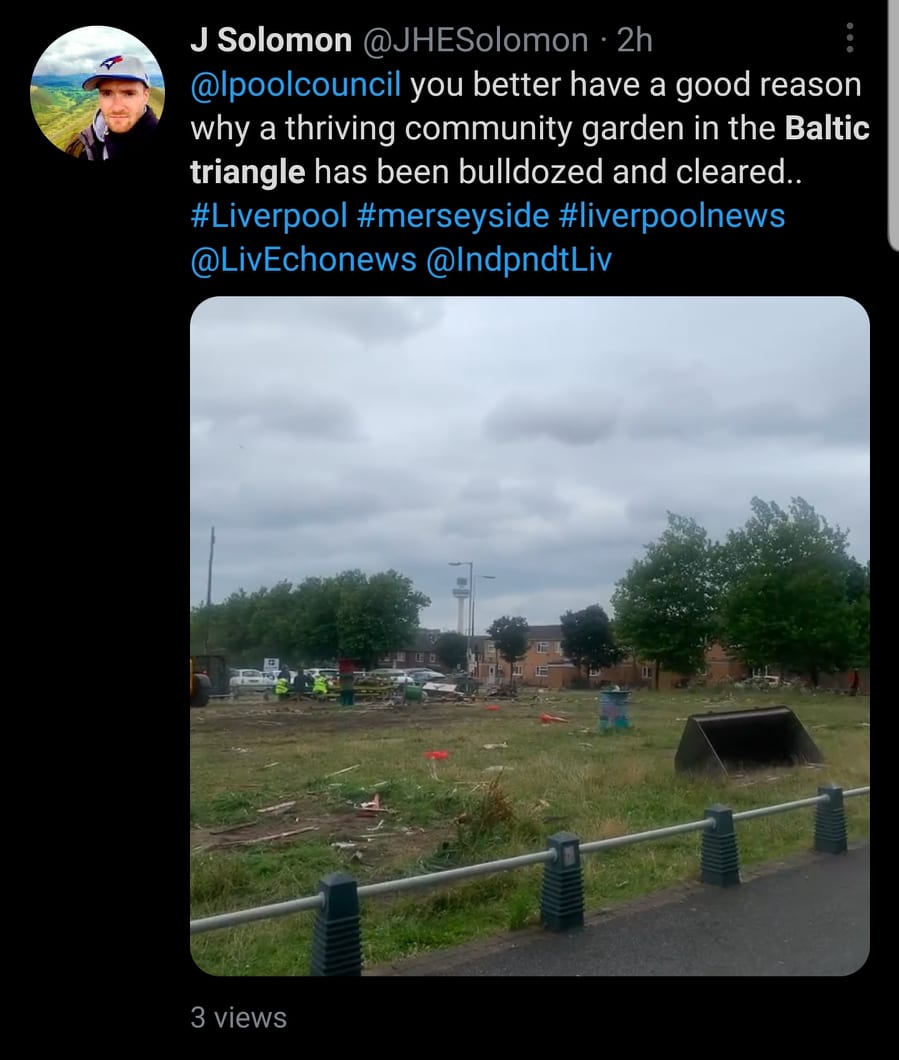 A screenshot of a social media post with a picture of a fenced in field with trash scattered about