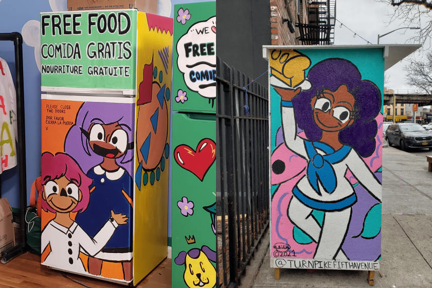 A picture of colorful murals of people on two fridges