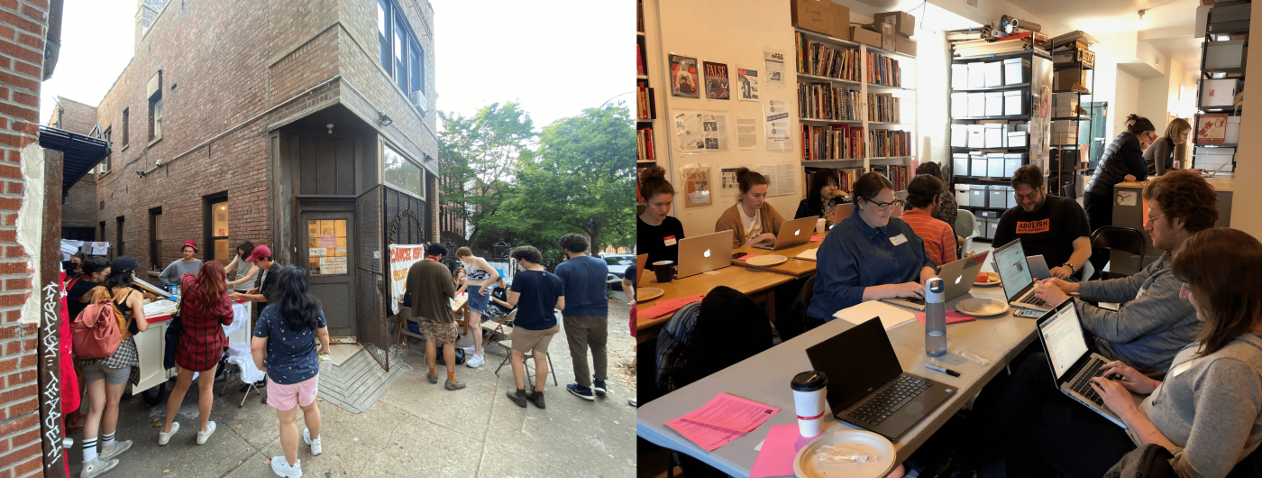 A picture of a group of people outside surrounding a table next to a picture of a group of people in a library all sitting at tables with computers