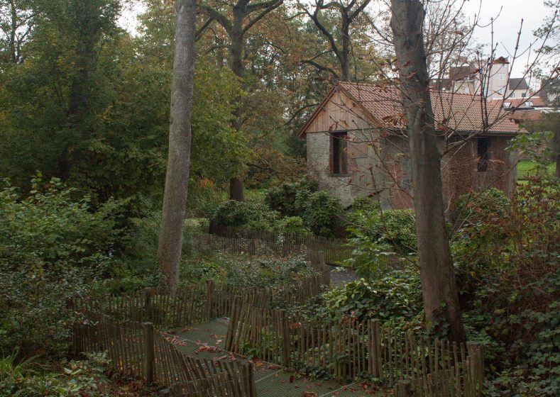 A picture of a house with the forest with an overgrown gate surrounding it
