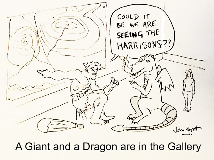 An illustration of a dragon and a man sitting in an art gallery having a discussion
