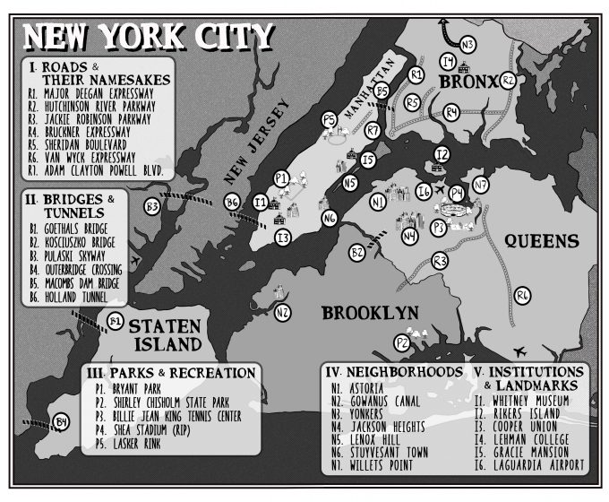 An illustrated black and white map of New York City