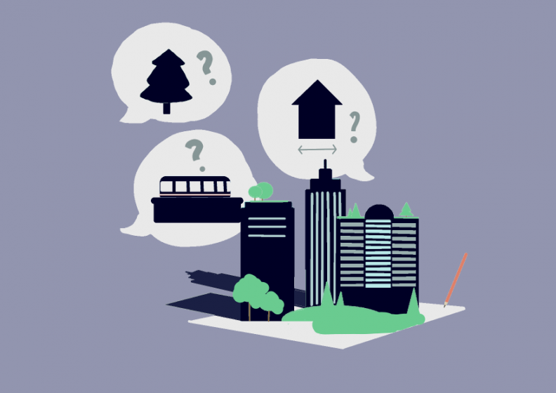 An illustration of a city with greenery and three speech bubbles above the city with a tree, a bus, and a house depicted in them