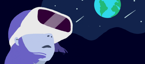 An illustration of a person wearing VR googles with space and the earth behind them