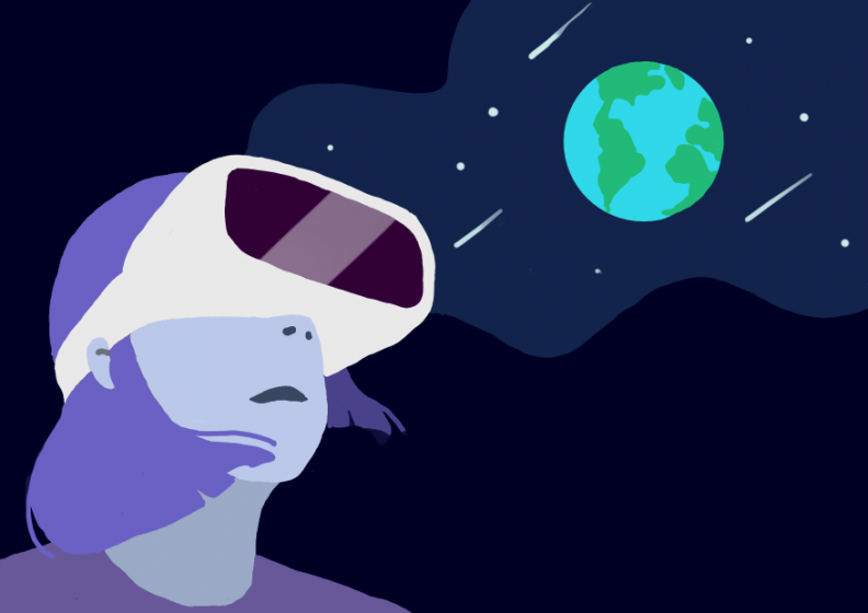 An illustration of a person wearing VR googles with space and the earth behind them