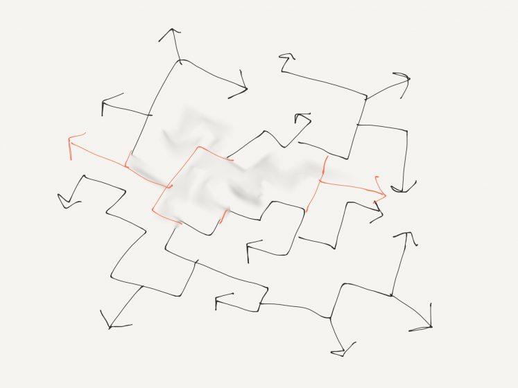 An illustration of a maze of arrows with some line erased