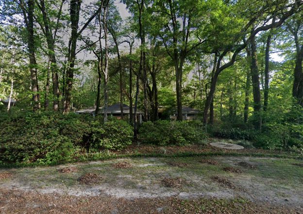 A picture of a house behind a bunch of trees, undergrowth, and bushes