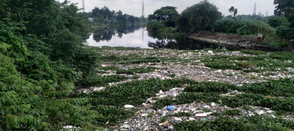 A picture of a waterway full of trash with some vegetation on the banks
