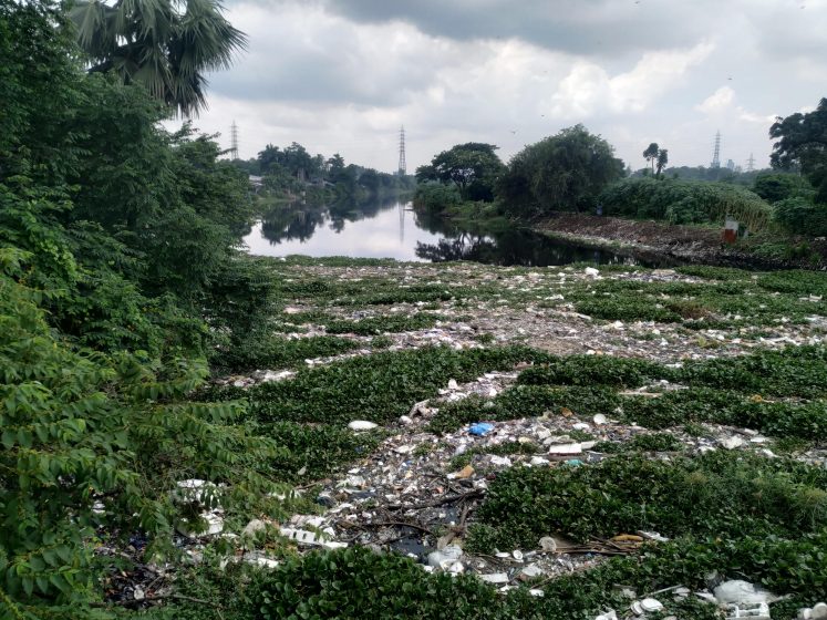 A picture of a waterway full of trash with some vegetation on the banks