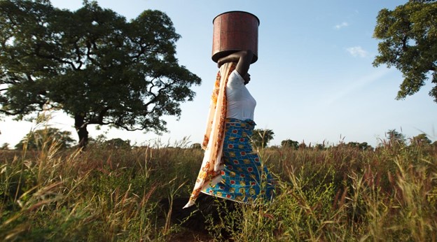 A picture of a woman balancing a bucket on her head as she is walking through a field