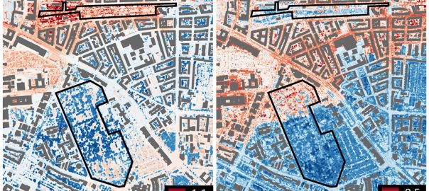 Two maps of a city showing temperature through cool or warm coolers