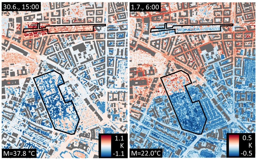 Two maps of a city showing temperature through cool or warm coolers