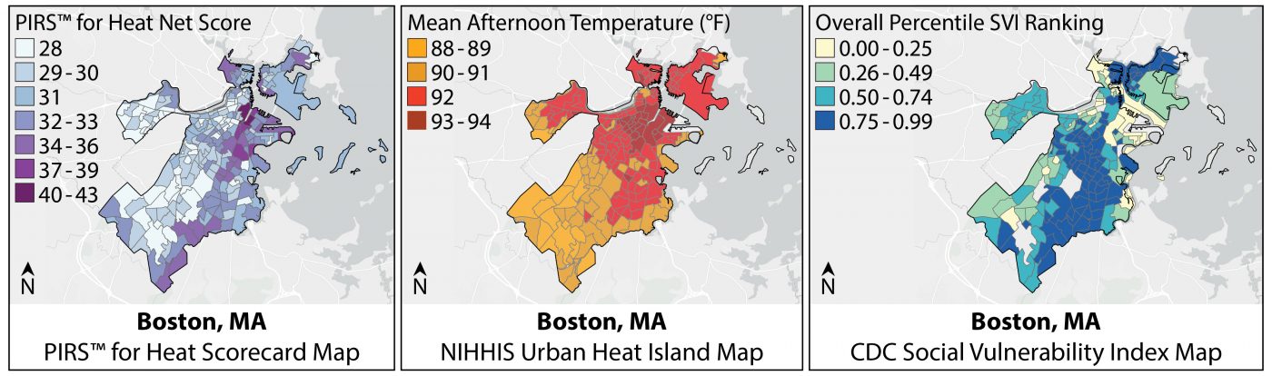Three maps of Boston, MA depicting urban heat