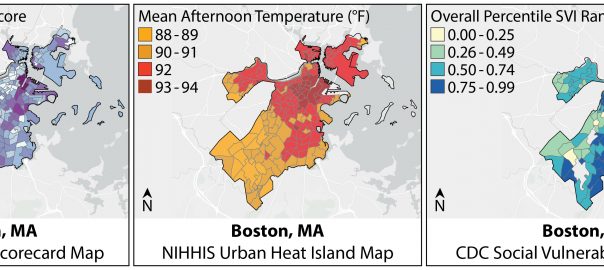 Three maps of Boston, MA depicting urban heat