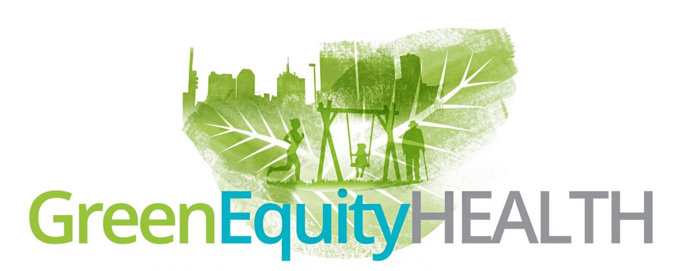 The Green Equity Health Logo depicting a person running, a child swinging, and an older person standing with a city in the background