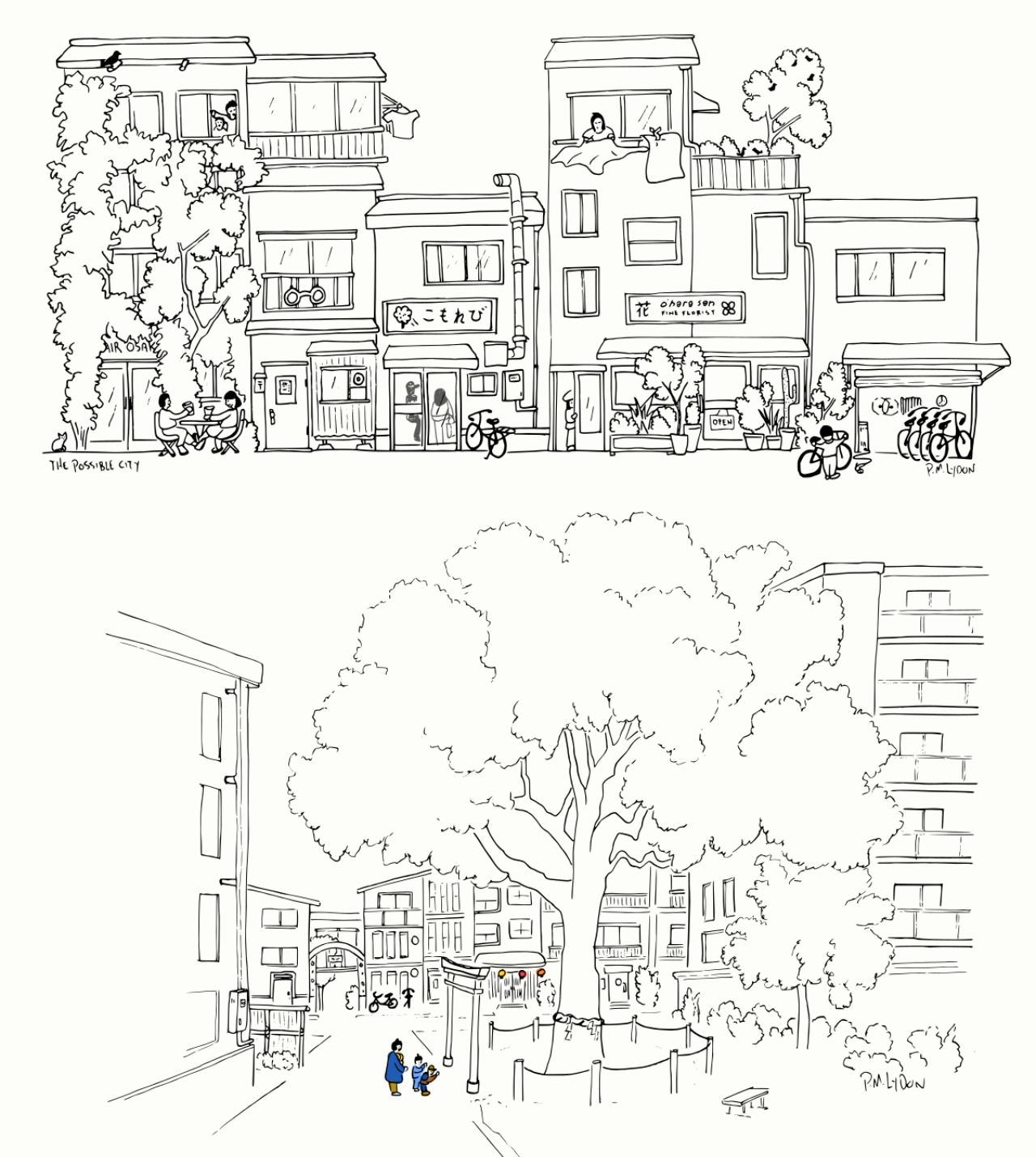 A line drawing of two possible cities, full of nature and people.