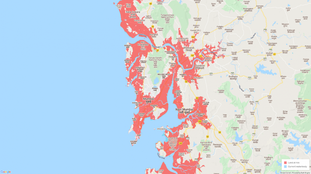 A map of Mumbai depicting the level of the water and the coastal lines