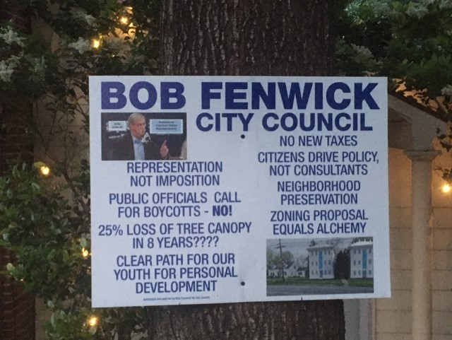 A picture of a campaign sign for Bob Fenwick City Council
