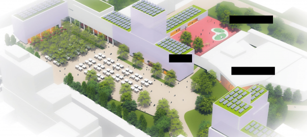 A digital model of greenspaces amongst buildings and concrete walkways