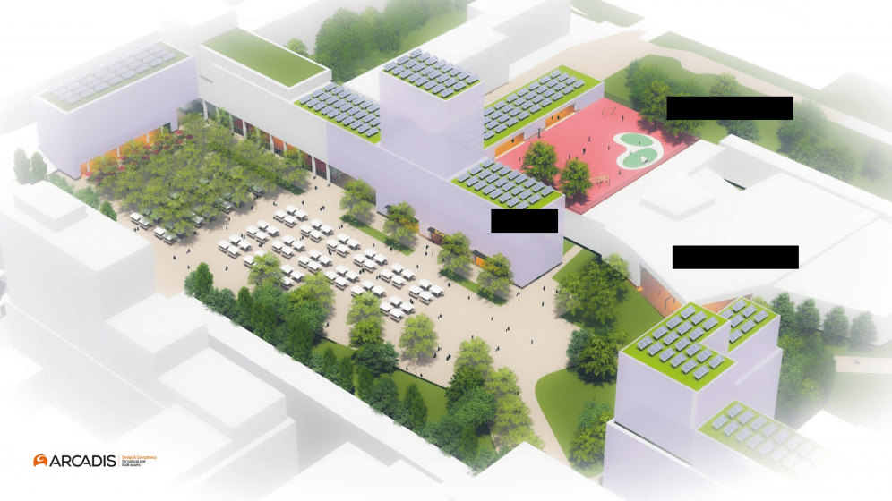 A digital model of greenspaces amongst buildings and concrete walkways