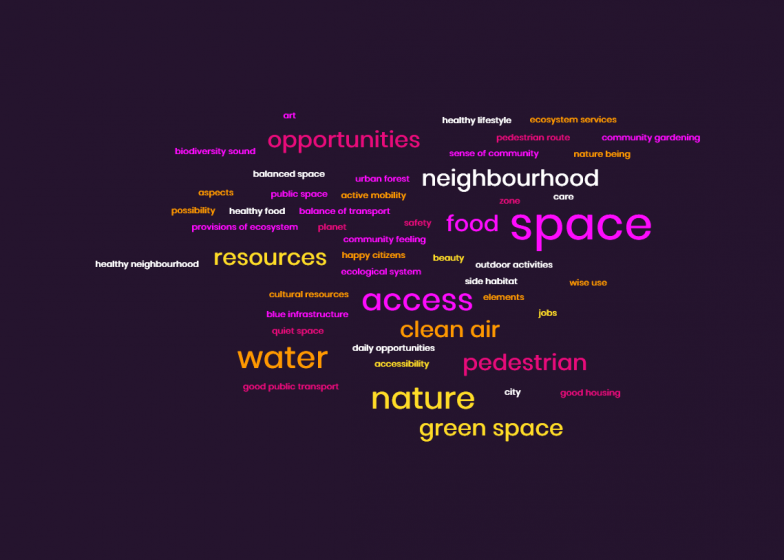A graphic of a word cloud with words such as "space", "access", "nature", "water", etc.