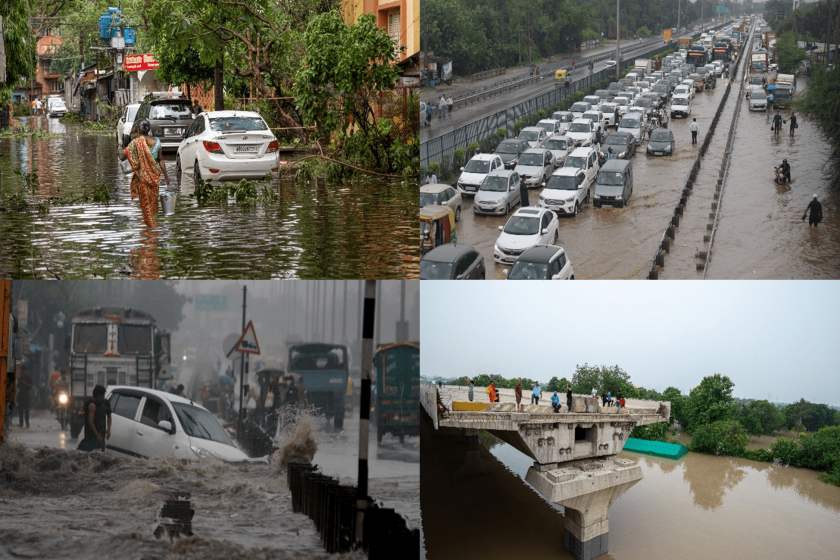 Four pictures of cars and people travelling through flooded streets