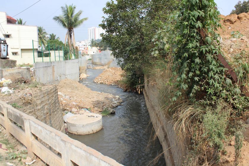 A picture of a waterway surrounded by concrete and vegetation