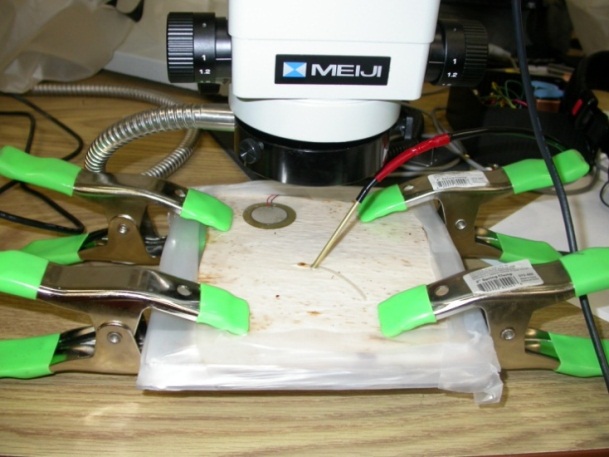 Scientific equipment including a small microphone and clamps holding down plexiglass with small specks underneath