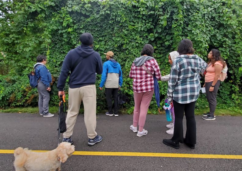 A group of people standing in front of a tall bush