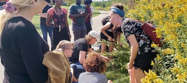 A group of people standing around plants