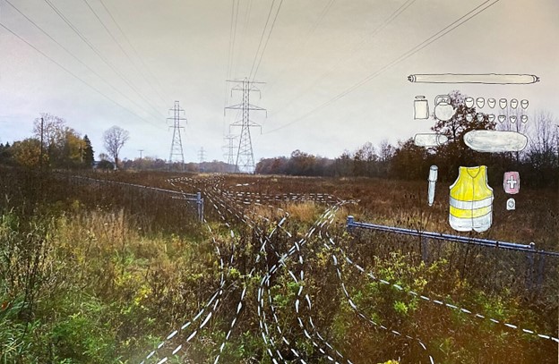 Drawn implied walking tracks in a field with powerlines