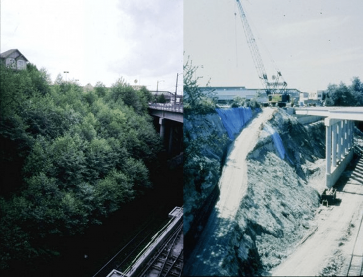 Left: A high angle view of trees surrounding train tracks. Right: A construction site with a crane and a bridge