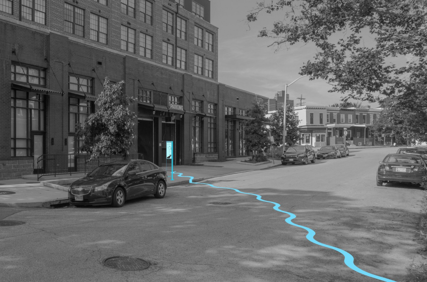 A black and white street with a drawn blue line flowing across the street