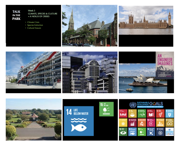 Several screenshots of a powerpoint presentation with pictures of buildings, skyscrapers, and streets