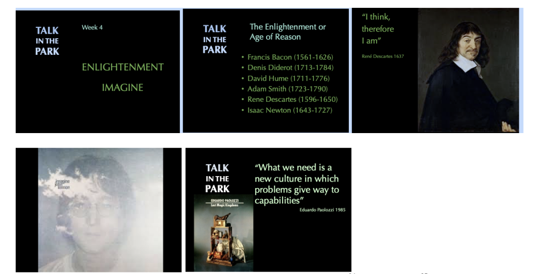 Several screenshots of portraits of powerpoint presentation with pictures of people and book covers