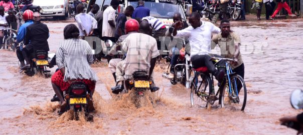 A group of people on bikes and motor scooters driving down a flooded street