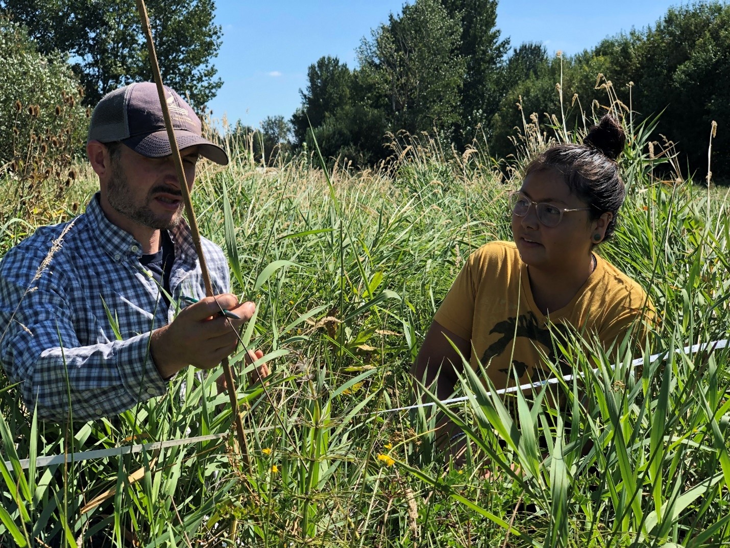 Two people crouched down in a field of tall grass