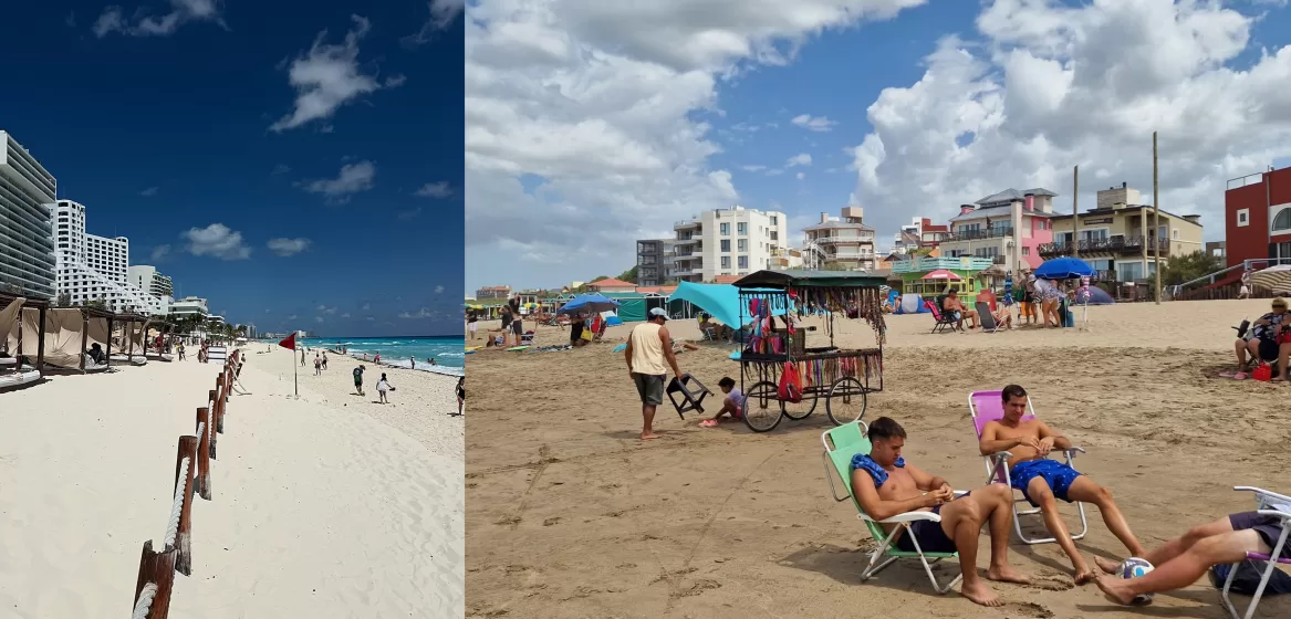 Left: A white sand beach with people walking and playing on the beach. Right: People sitting in colorful chairs on the beach with buildings in the background