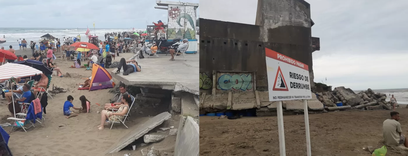 Left: Many people on a beach with tents, umbrellas, and play equipment, Right: A sign on a pole on a beach