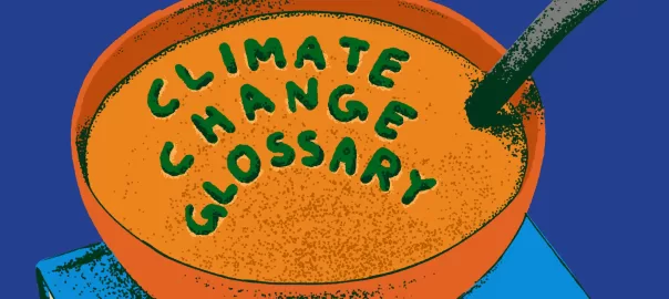 An illustration of a bowl of alphabet soup spelling out "Climate Change Glossary" on top of a large book