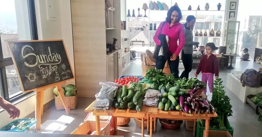An outdoor market stall with various vegetables piled high on the table