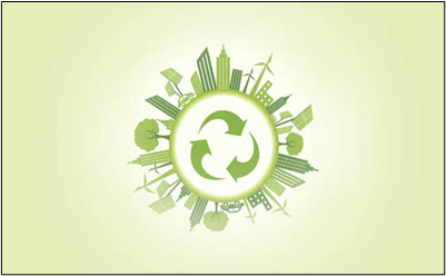 A green recycle symbol within a circle of green buildings, trees, and wind turbines