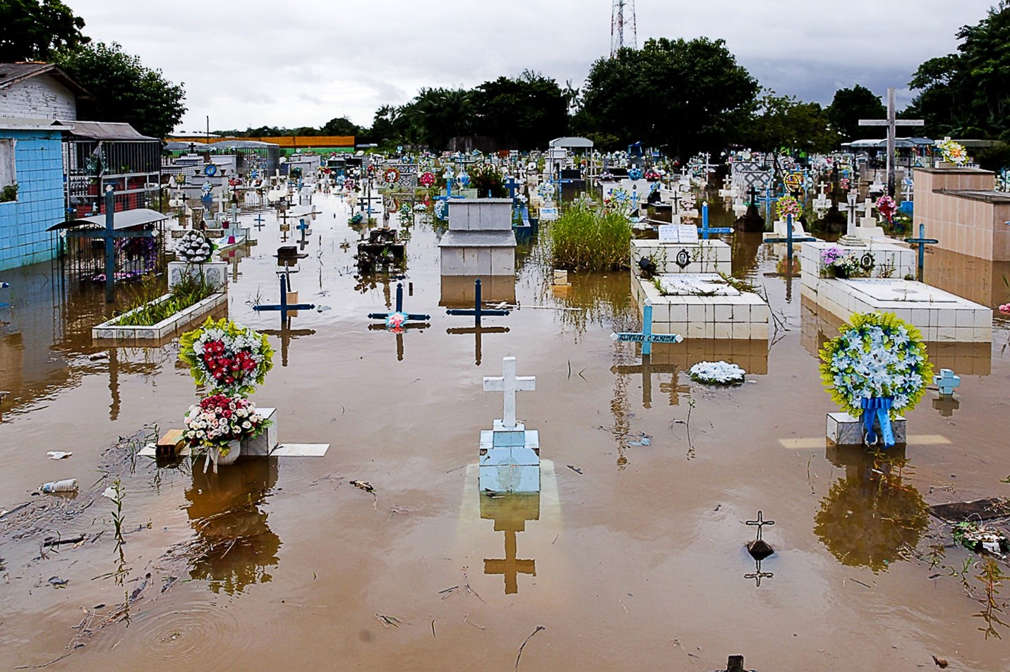 A picture of a flooded cemetery with several crosses, headstones, and flowers poking out of the muddy waters