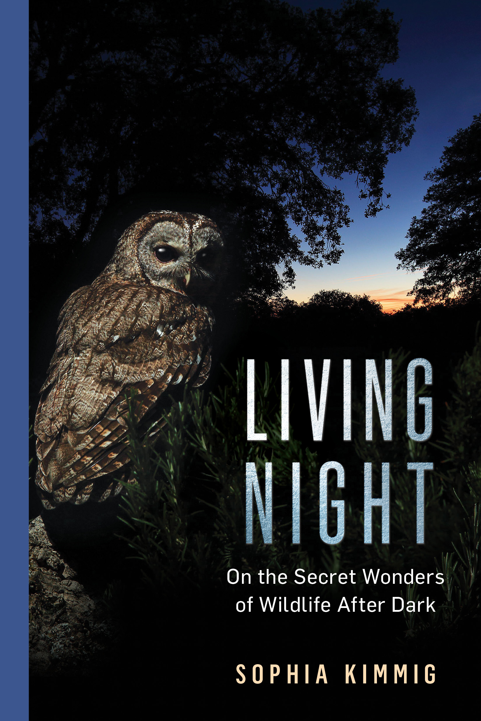 A book cover with an owl sitting in a tree in front of a darkened sunset. "Living Night"