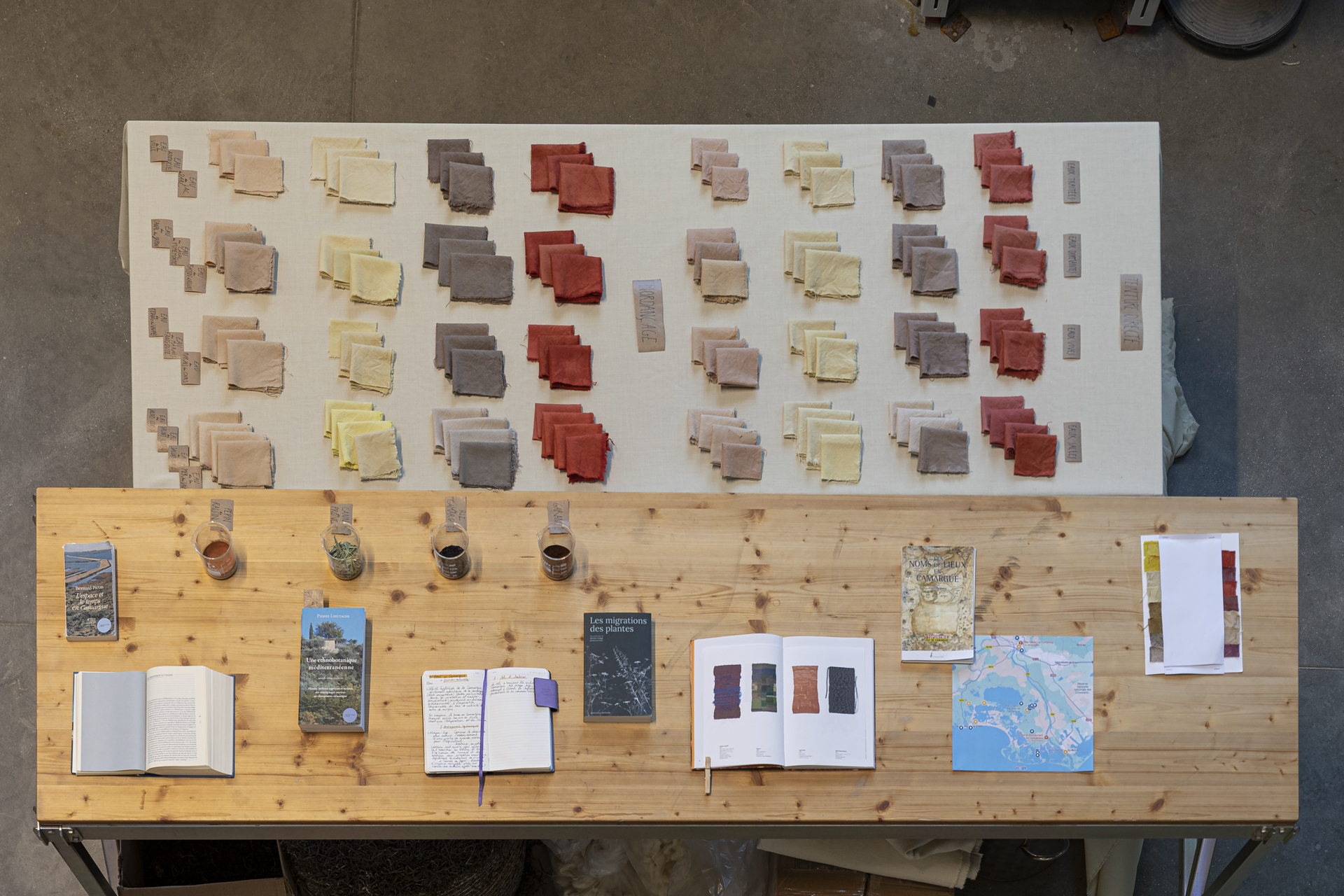 A table with neatly organized open books, water samples, and folded cloths