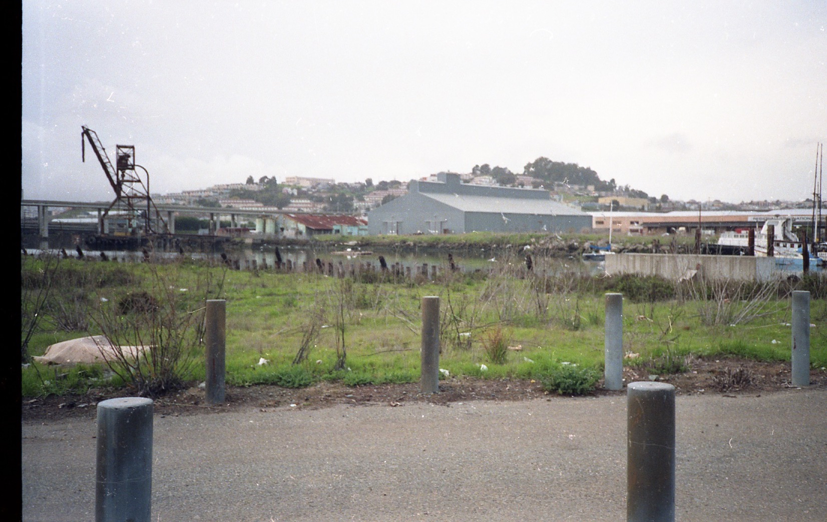 A paved road leading parallel to a creek with a green field between the two and buildings on the far shore