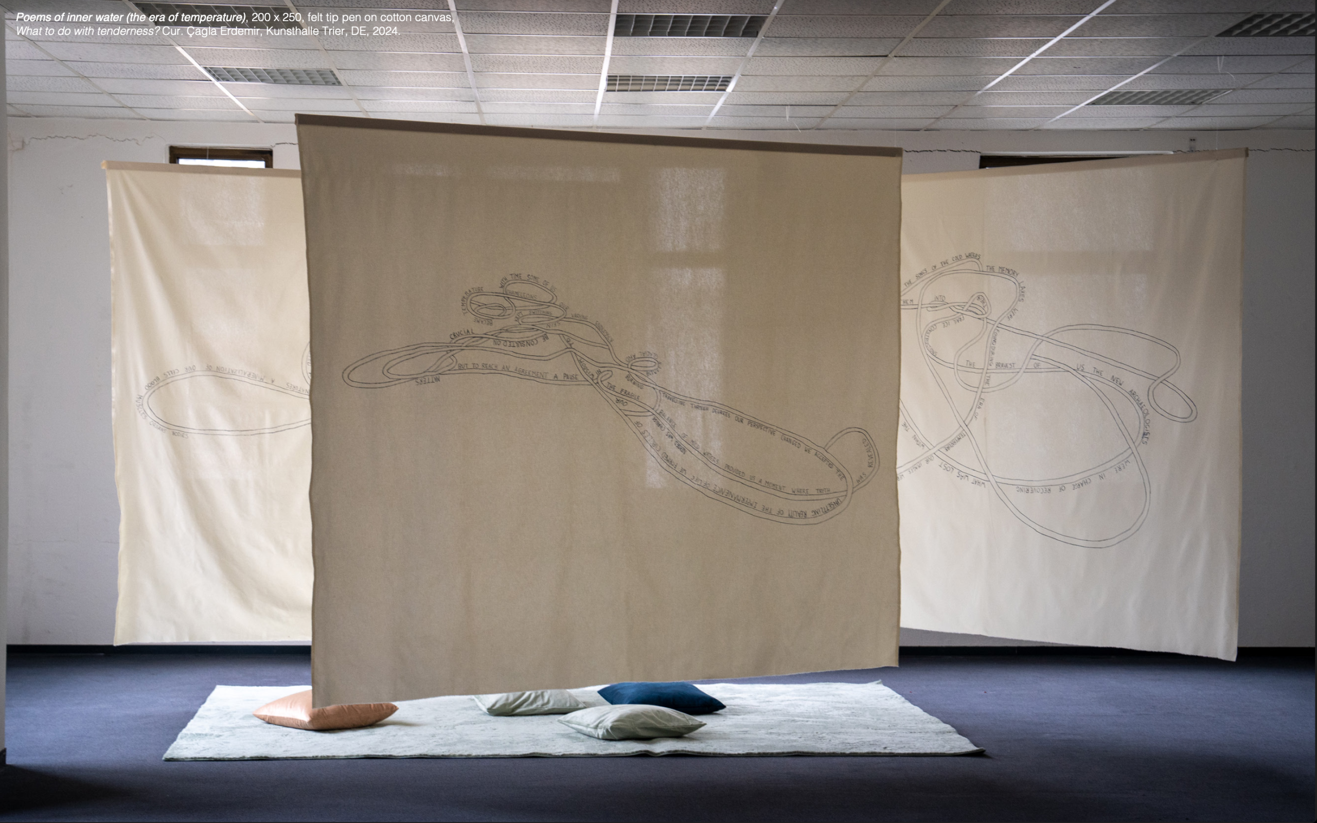 An art installation of sheets hanging from the ceiling, each depicting a riverway or road made up of words
