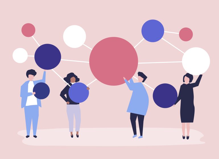 People holding connected copy space circle icons illustration