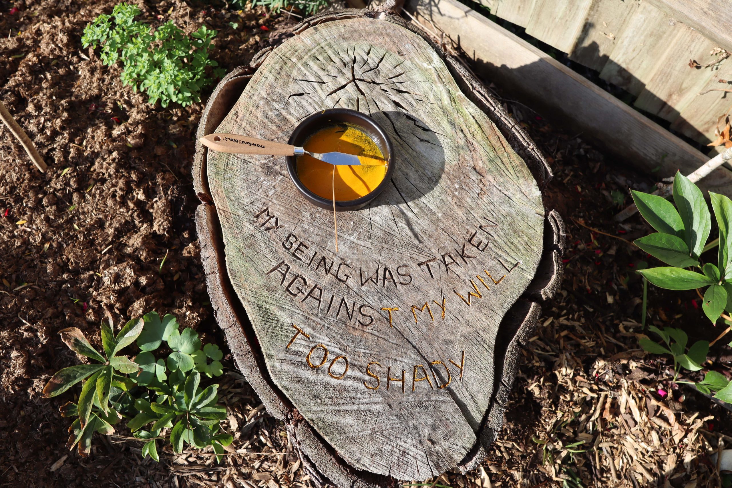 A tree stump with a wood carving tool and the words "being was taken against. Too shady" carved into it with a can of liquid turmeric on it