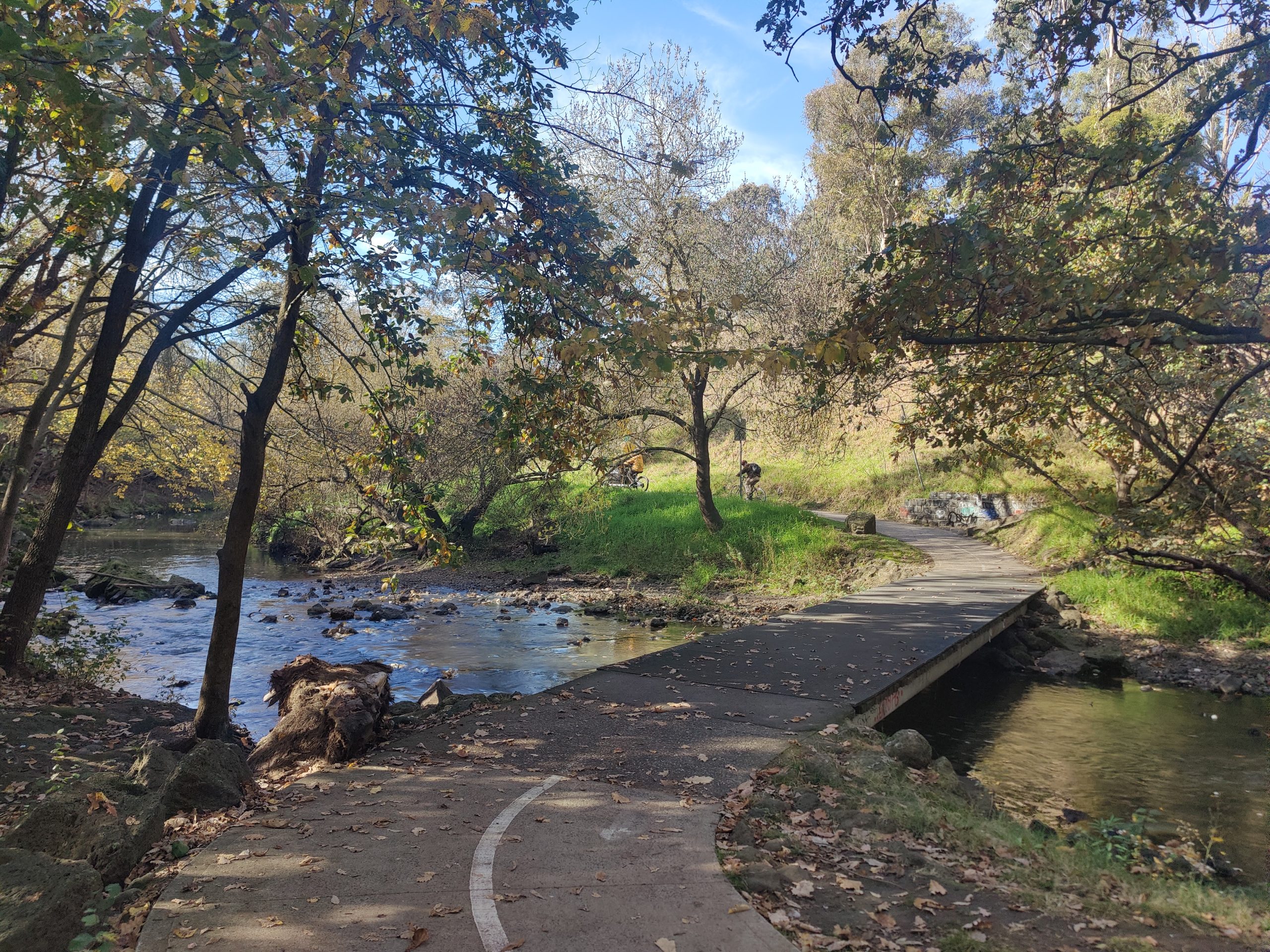 A path through the woods leading to a simple wooden bridge over a small river